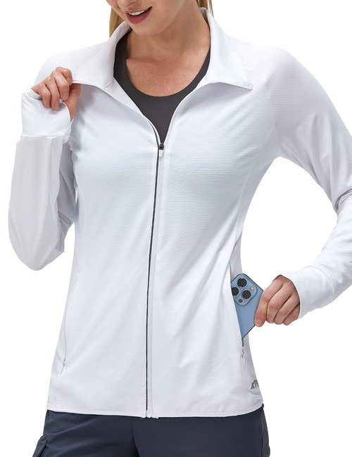 KPSUN Women's UPF 50+ UV Sun Protection Clothing Long Sleeve Athletic Hiking Shirts Lightweight SPF Zip Up Outdoor Jacket (White,M)