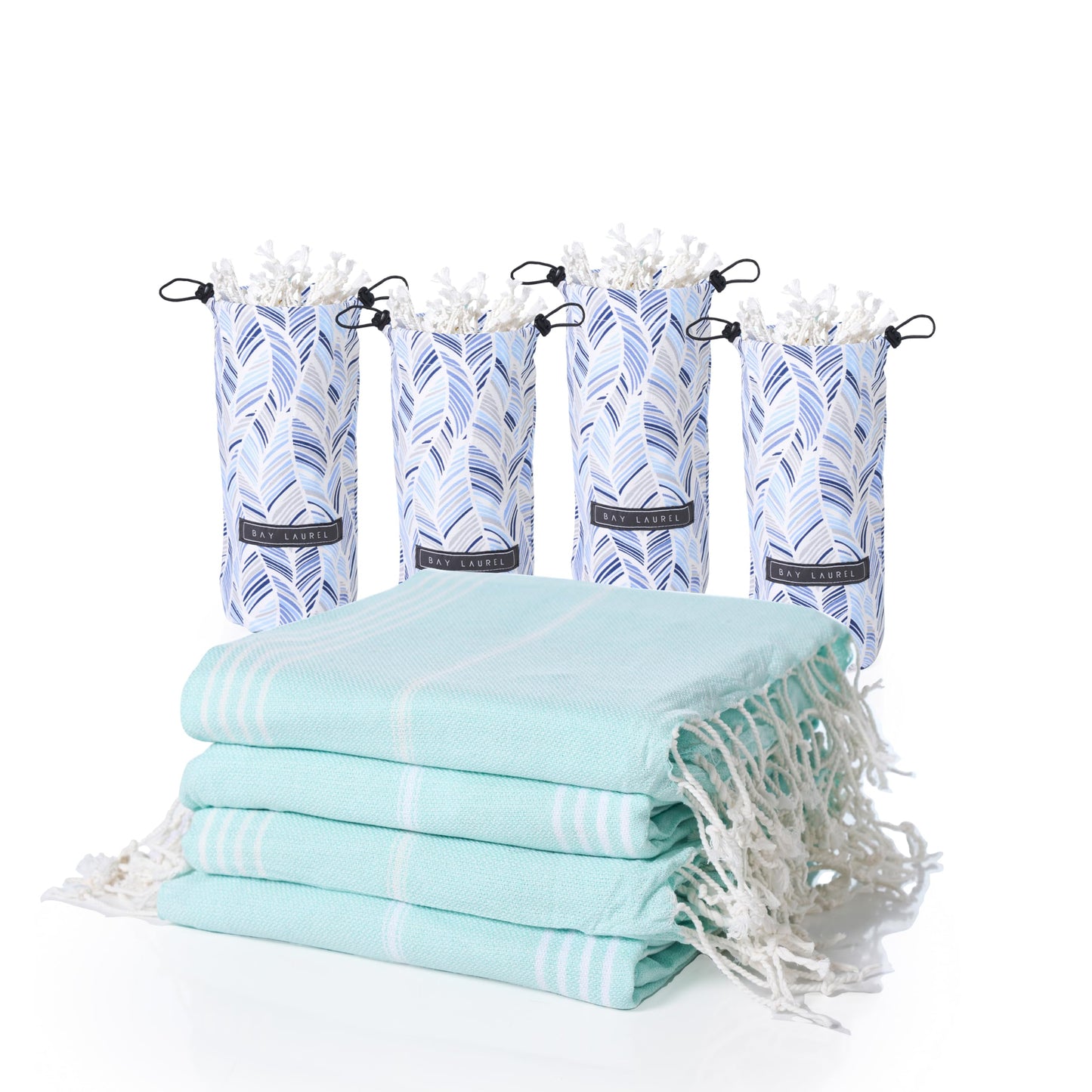 BAY LAUREL 4-Pack Oversized Turkish Beach Towels – Quick Dry, Sand Free Towels with Travel Bags, 39"x71", Lightweight (Pack of 4 - Aqua with Blue Floral Bag)