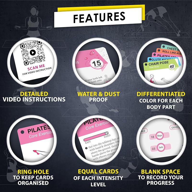 Pilates Workout Cards Set – 58 Mat Pilates Exercises with Video, Dry-Erase Marker & Color-Coded Routines