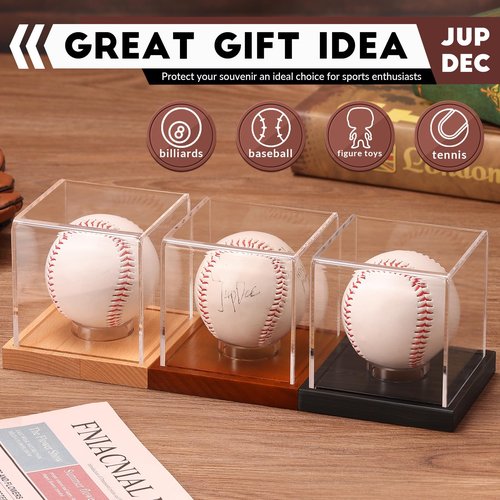 JupDec Baseball Display Case, Clear Cube Baseball Holder with Wooden Base, Autograph Baseball Stand Box for Single Ball, Pine Wood, 1 Pack