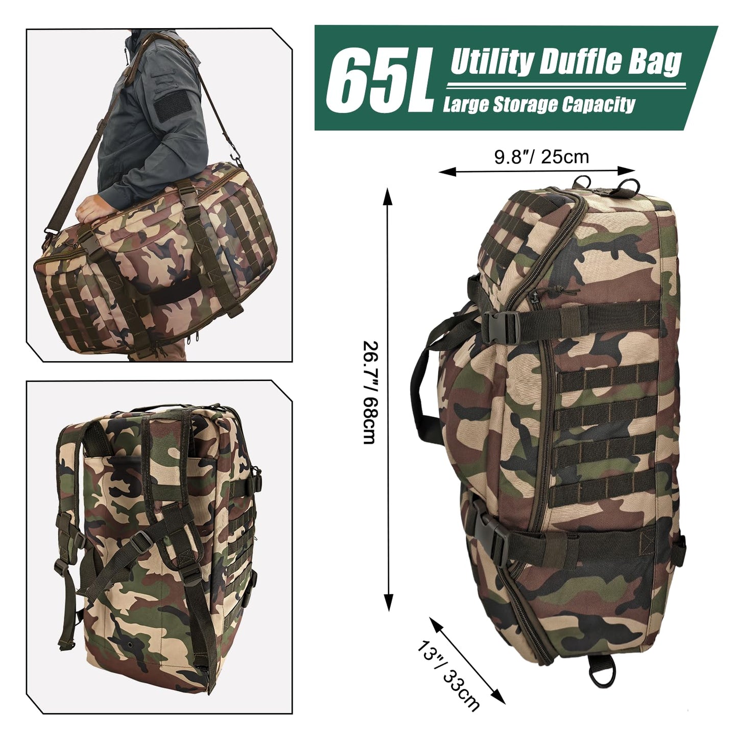Hannibal Tactical 55L Large Duffle Bag, 3-in-1 Tactical Backpack MOLLE Pack for Sports, Gym, Outdoor, Woodland