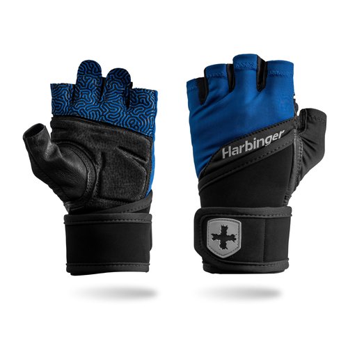Harbinger Training Grip Wrist Wrap Gloves - Enhanced Grip & Wrist Support, Breathable Lycra Back, Padded Leather Palm, Half-Finger Design, Quick Pull Tabs, Ideal for Weightlifting, Blue, X-Large
