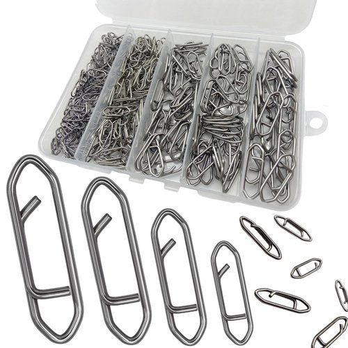 DAMIDEL 280Pcs/Box Stainless Steel Fishing Power Speed Clips (SS:100Pcs,S:100Pcs,M:60Pcs,L:20Pcs) High Strength Fishing Connector Swivels Snaps for Quick Change Lure Tackle Saltwater Freshwater