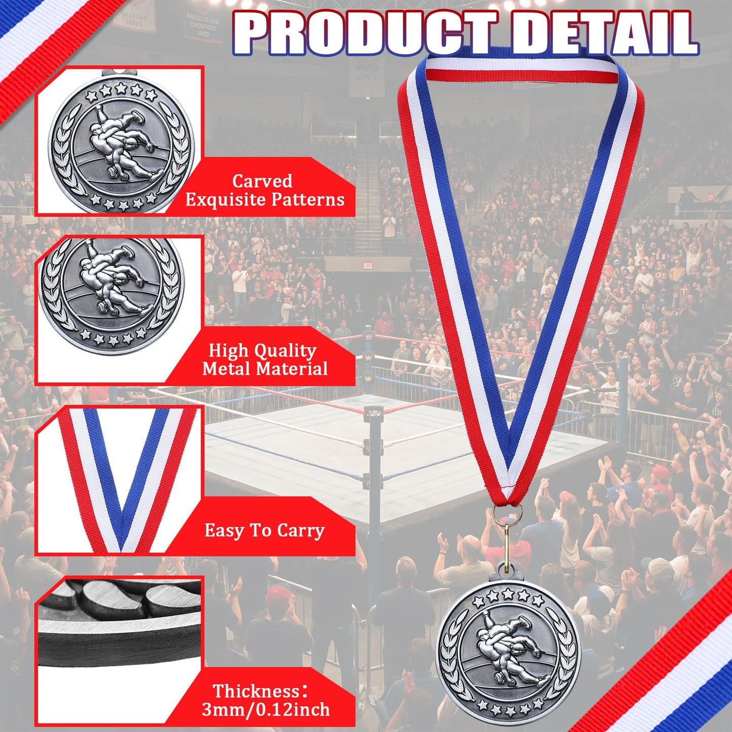 Remuuly 30 Pcs Silver Medals Bulk 2'' Basketball Soccer Volleyball Football Kickball Tennis Hockey Medals for Award Metal Trophy with Neck Ribbons for Sports Participation Tournament Gift (Wrestling)