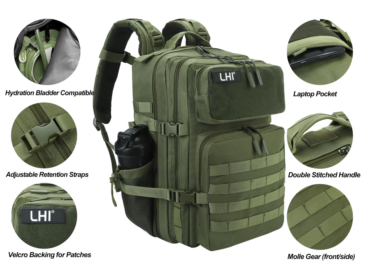 LHI Military Tactical Backpack for Men and Women 45L Army 3 Days Assault Pack Bag Large Rucksack with Molle System - Green