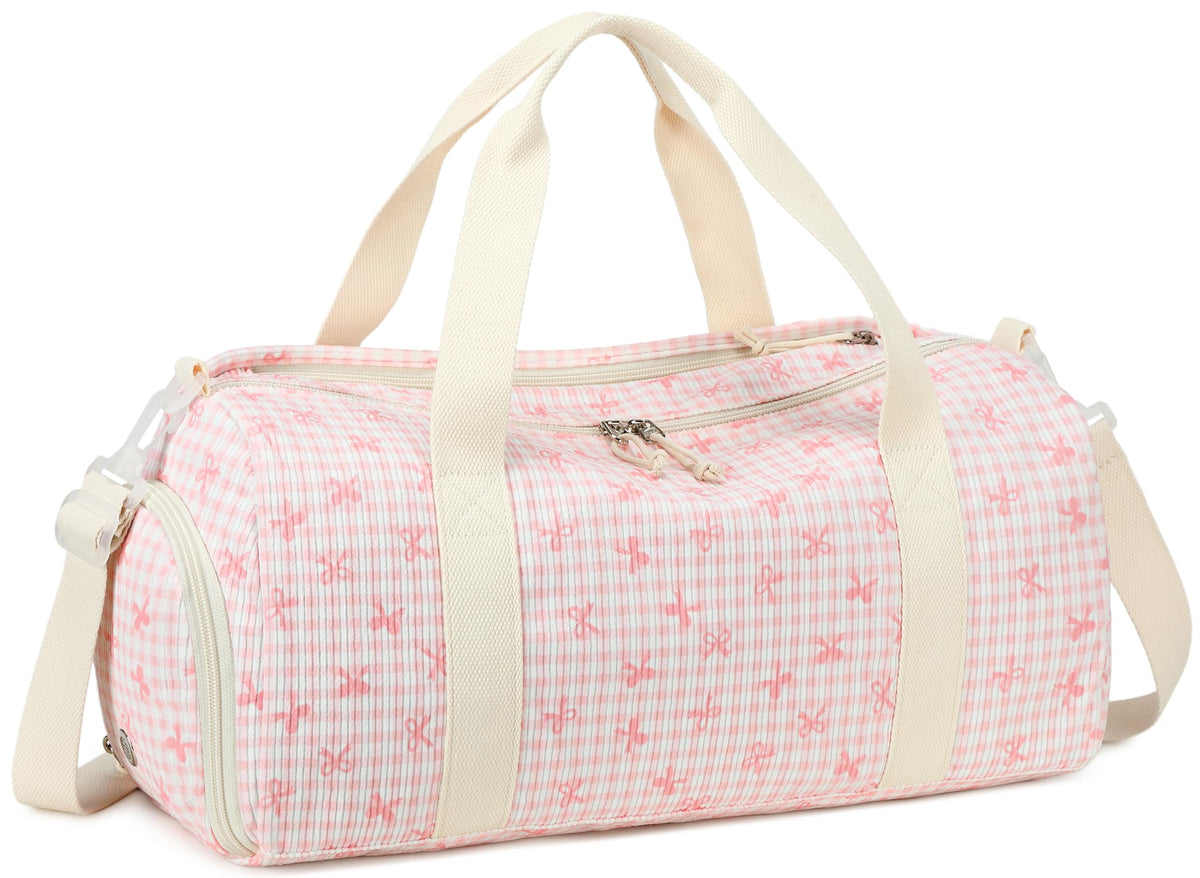 LEDAOU Kids Duffle Bag Girls Overnight Travel Sport Gym Bag Weekender Carry On Shoulder Dance Bag with Shoe Compartment & Wet Pocket (Pink Bow Checkered)