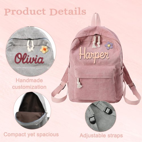 Dyoart Personalized Corduroy Backpack for Girls & Boys, Custom School Bag with Cotton Rope Woven, Monogram Book Bag for Toddlers and Kids Back to School Gifts