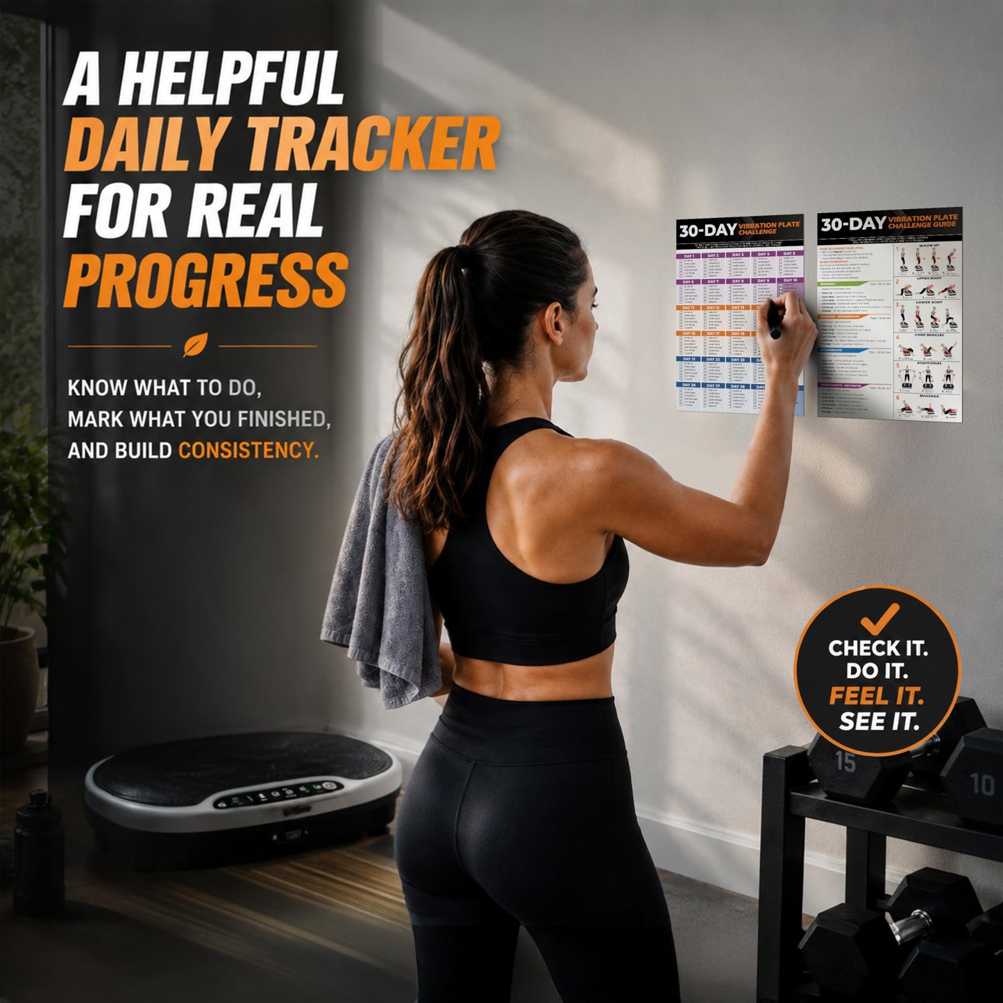 POCAZONE Vibration Plate Workout Poster, Full-Body Exercises + 30-Day Personalized Plan, Beginner to Advanced Guidance, Fits All Vibration Machines, Home Fitness & Recovery