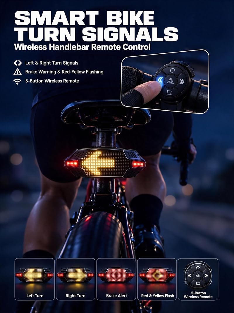 Smart Bicycle Tail Light with Remote, USB-C Rechargeable Turn Signals, 1000mAh