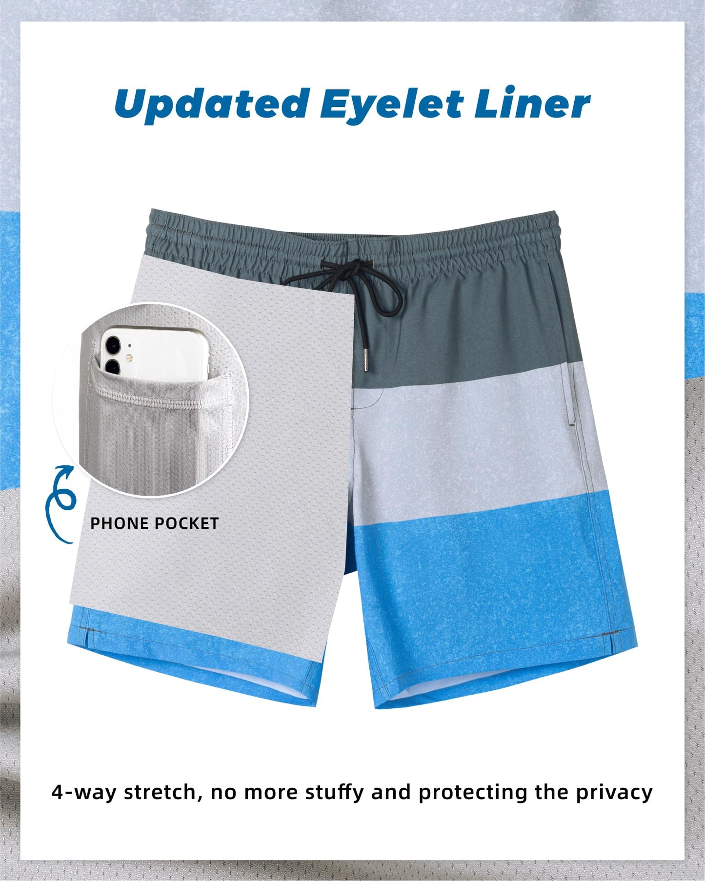 SURF CUZ Mens Swim Trunks with Compression Liner Quick Dry Swim Shorts 7" Swimming Trunks Stretch Zipper Pockets,Glacier Stripes,M