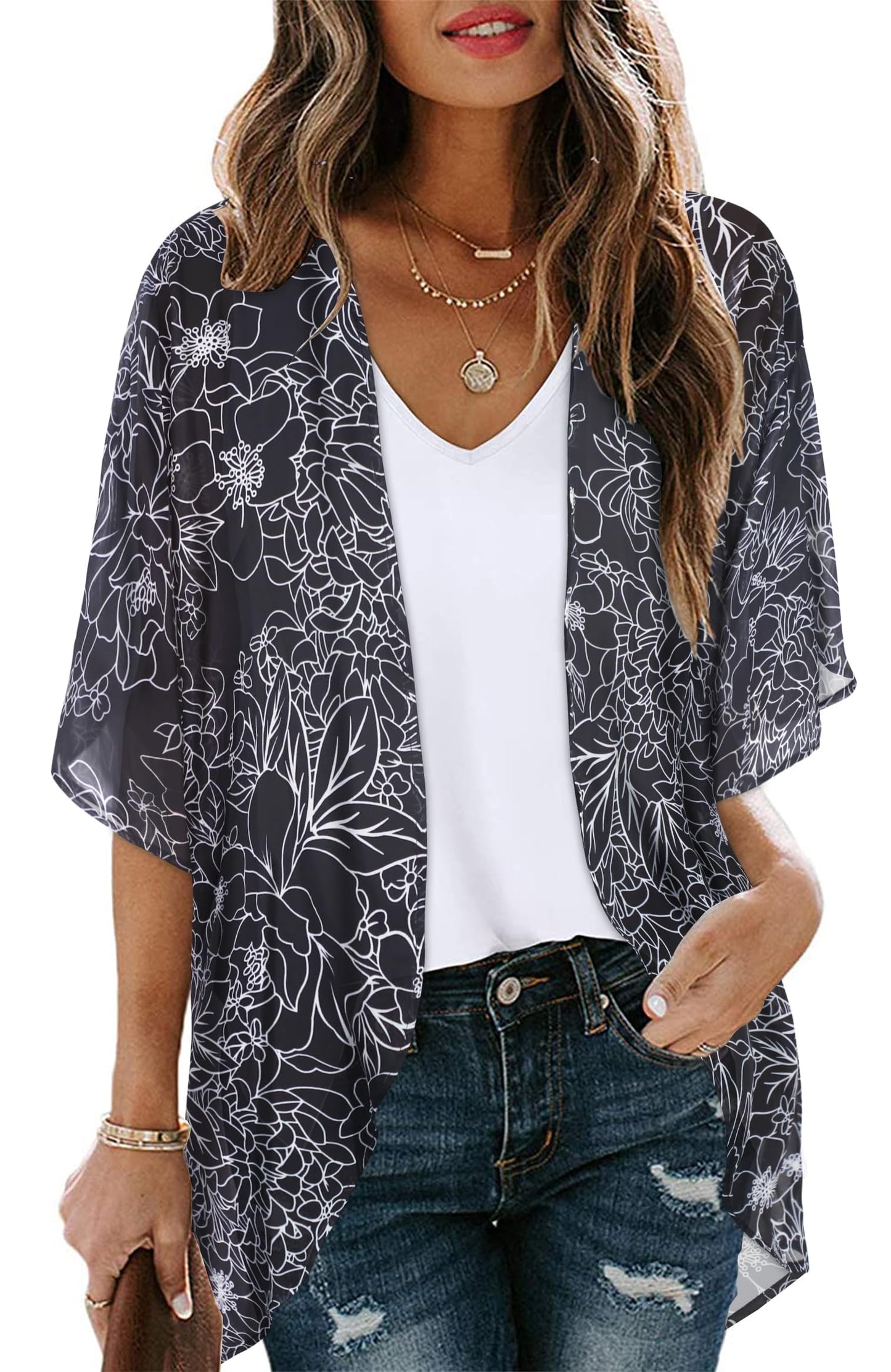 Womens Floral Kimono Cardigans Loose Puff Sleeve Casual Beach Coverups Tops (Black Brief Flowers,XL)