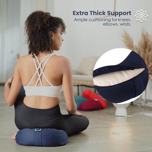 Present Mind (Height 6”) Half Moon Zafu Yoga Bolster for Gymnastics & Meditation Made in the EU – Dark Blue 100% Natural Cotton Crescent Yoga Meditation Buckwheat Cushion with Washable Covers