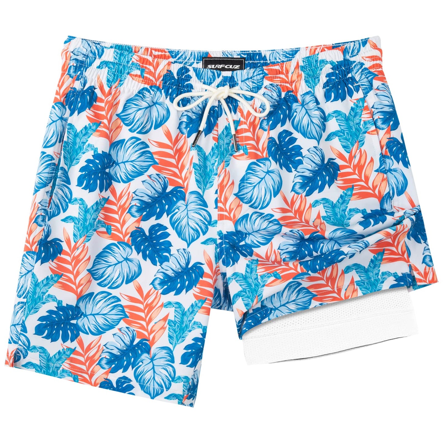SURF CUZ Mens Swim Trunks with Compression Liner Quick Dry Swim Shorts 7" Swimming Trunks Stretch Zipper Pockets Multi-Colored Leaves Medium