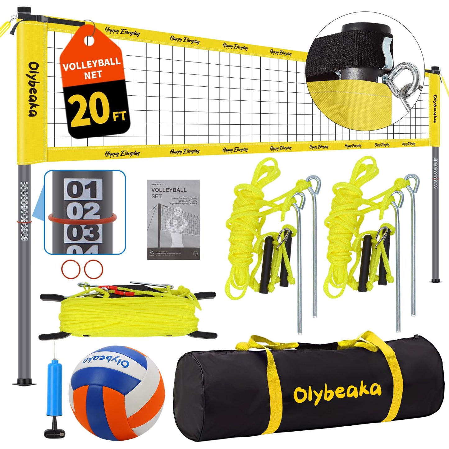 32ft / 20ft Portable Outdoor Volleyball Net Set for Grass Backyard Beach with 1.25" Height Adjustable Steel Poles, 28-ply Durable PE Net, PU Volleyball & Pump, Carry Bag (Yellow, 20ft)