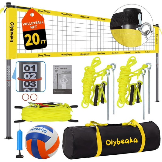 32ft / 20ft Portable Outdoor Volleyball Net Set for Grass Backyard Beach with 1.25" Height Adjustable Steel Poles, 28-ply Durable PE Net, PU Volleyball & Pump, Carry Bag (Yellow, 20ft)