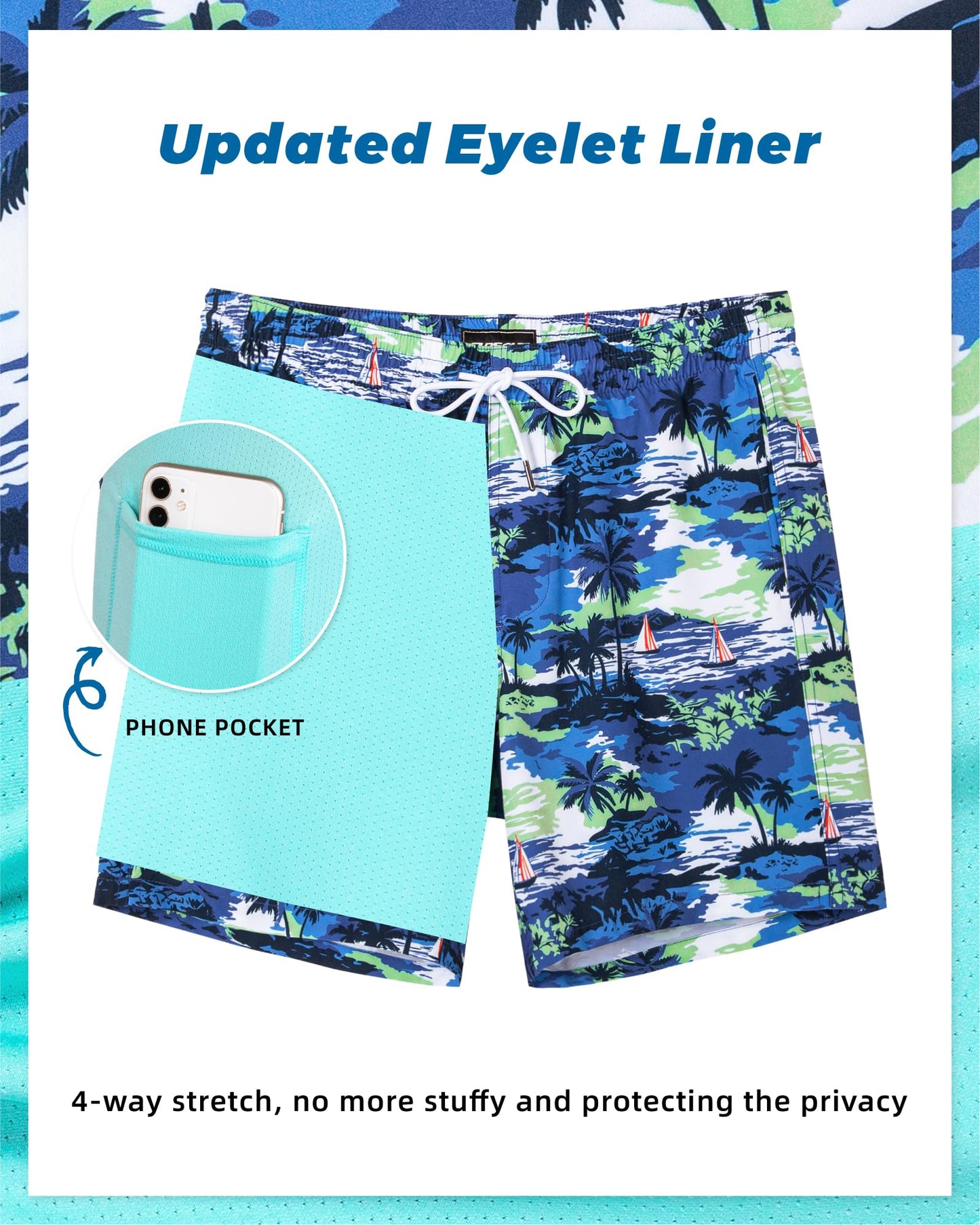 SURF CUZ Mens Swim Trunks with Compression Liner Quick Dry Swim Shorts 7" Swimming Trunks Stretch Bathing Suit 7 Inch,Blue Sea,XS