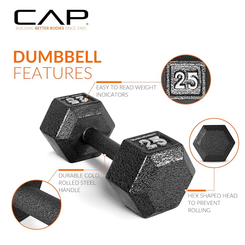 25 lb Cast Iron Hex Dumbbell - Single, Anti-Roll Corner, Cap Brand