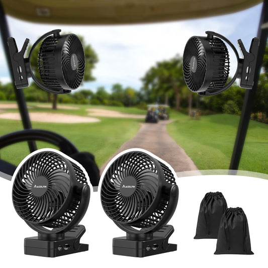 2-Pack Magnetic Clip on Fan for Golf Cart, 12000mAH Battery Operated Portable Fan with 3 Speeds, LED Lantern, Magnetic Base, Suitable for EZGO Club Car Yamaha, Golf Cart & Cruise Ship Accessories