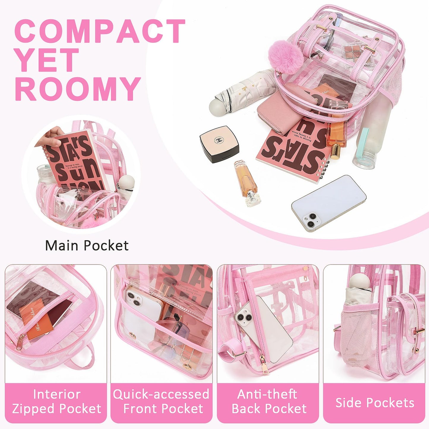 Clear Backpack for Stadium Events, 12x 12x 6 Small Transparent Backpack PVC Mini See Through Bag for Women Girls for Concert Festival, Pink