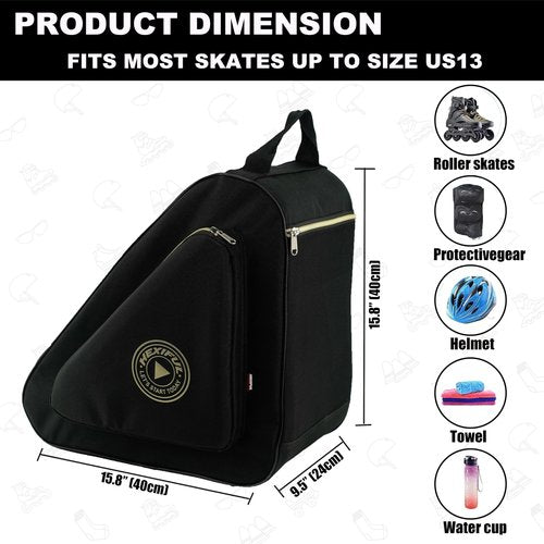 HEXIFUL Skate Bag for Ice, Inline, Roller & Quad Skates - Kids & Adults (Black/Gold)