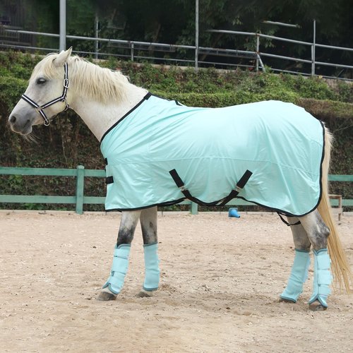 TARFEPA Adjustable Horse Fly Boots Set of 4, Equine Leg Protection Reduce Stomping, Breathable Mesh Fly Boots for Horses, Horse Leggings Leg Guards - Aqua Blue - Full