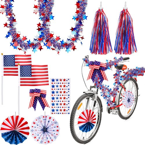 Suncalla 4th of July Bike Decoration Kit Parade Patriotic Red White and Blue Tinsel Garlands Bike Streamers American Bow USA Flags Star Stickers Bicycle Decorations for Independence Day
