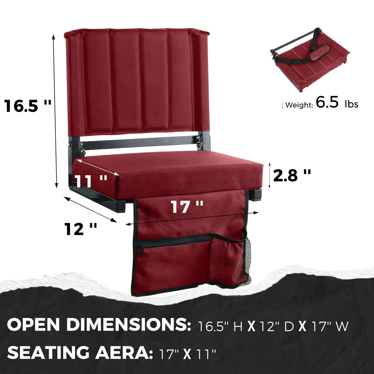 SPORT BEATS Stadium Seats with Back Support Bleacher Chairs with Back and Cushion Thick Padded Bleacher Seats Includes Shoulder Strap Maroon 2pcs Standard