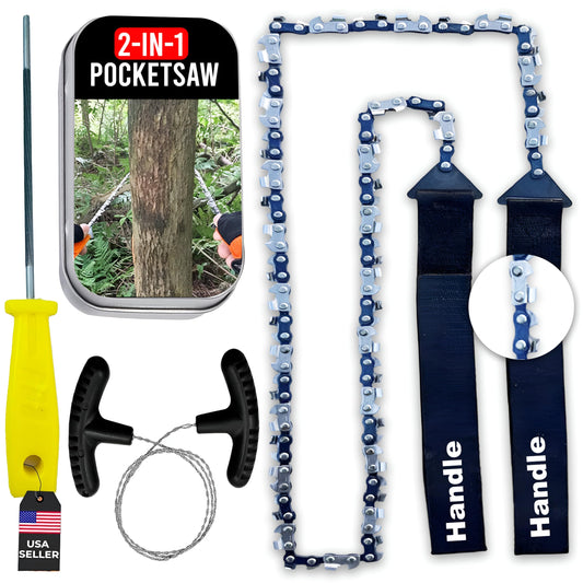 2 In 1 Pocket Chainsaw & Wire Saw Kit – 36 Inch Hand Chain Tool with Saw File for Tree Cutting, PVC Pipe, Camping, Hiking, Bushcraft & Emergency Survival Gear
