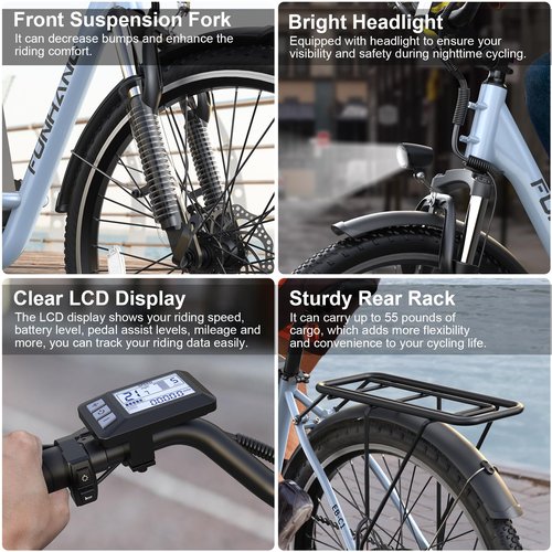 Funhang Electric Bike for Adults, 26" 1000W Peak City Cruiser Ebike, 21.7MPH 50 Miles Commuter Electric Bicycle with 48V 374.4WH Removable Li-ion Battery, Adjustable Stem, Rear Rack, Fenders, 7-Speed