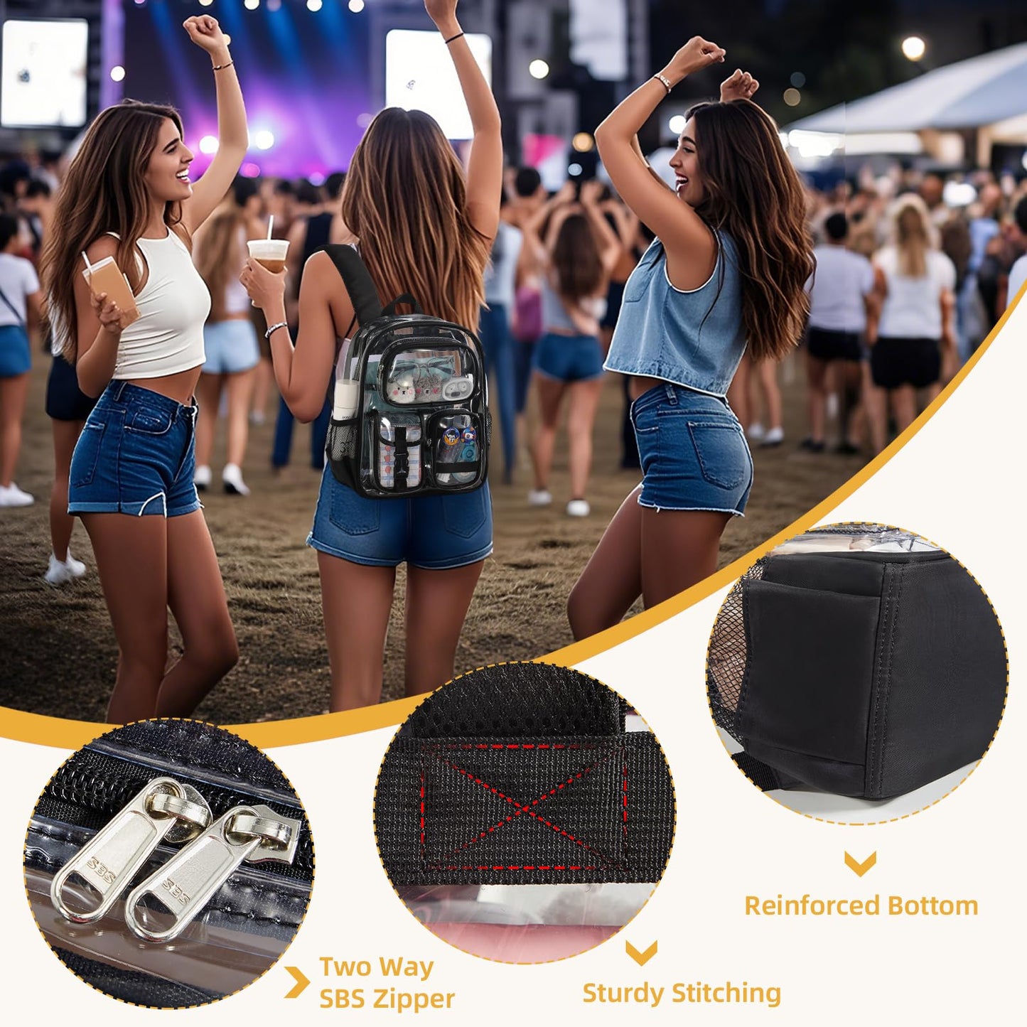 Unineovo Mini Clear Backpack for Stadium Approved 12x6x12, Small Transparent Backpacks Plastic See Through Clear Bag for Kids Girls Women for Sporting Event, Concerts, Work, Festival (Black)