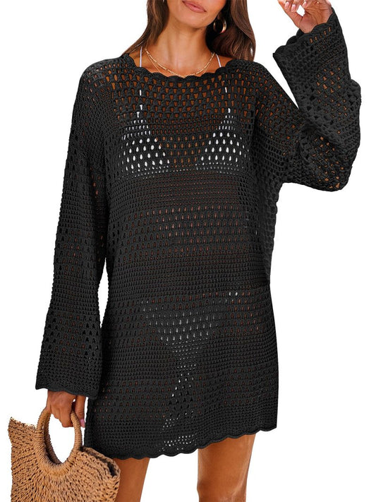 ANRABESS Women Swimsuit Crochet Swim Cover Up 2026 Summer Bathing Suit Swimwear Mesh Knit Beach Dress Vacation Outfits Black XX-Large