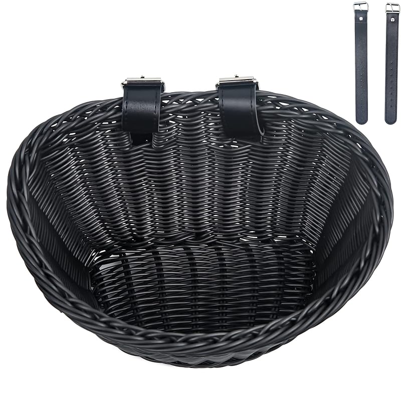 Front-Handlebar Woven Bike Basket with 2 Adjustable Leather Straps - Black&Kids Variation
