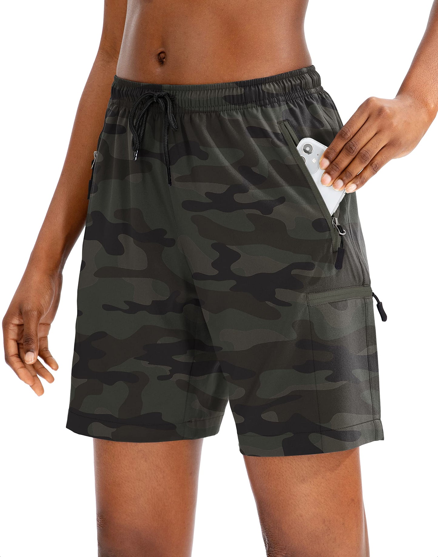 SANTINY Women's 5''/ 7''/9'' Hiking Cargo Shorts Quick Dry Lightweight Summer Shorts for Women Athletic Golf Zipper Pockets(Green Camo_L)