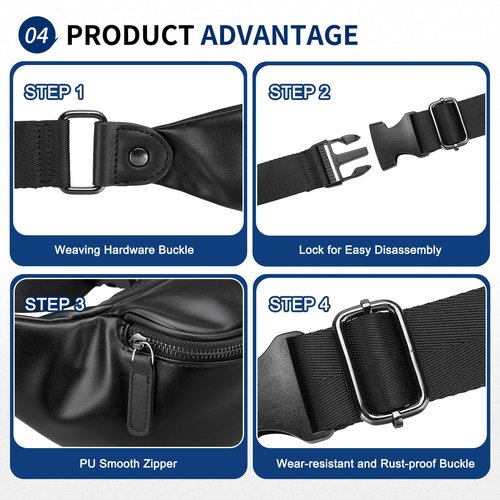 SUIKIHUM Soft Leather Fanny Pack for Women & Men, Crossbody Waist Pack with Adjustable Strap, Large Pocket, Sturdy Zippers, for Travel, Hiking, Running, Black