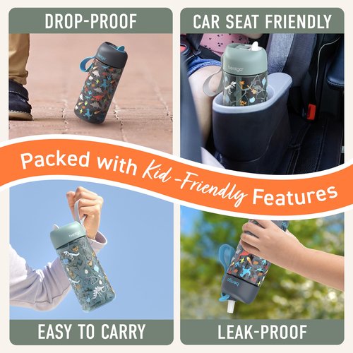 Bentgo Kids Water Bottle 2-Pack - Leak-Proof, Durable Tritan, BPA-Free 15 oz. Cup for Kids/Toddlers Ages 3+, Safe Sip Spout, & Dishwasher Safe for School/Sports/Daycare/Camp (Dinosaur/Dino Fossils)