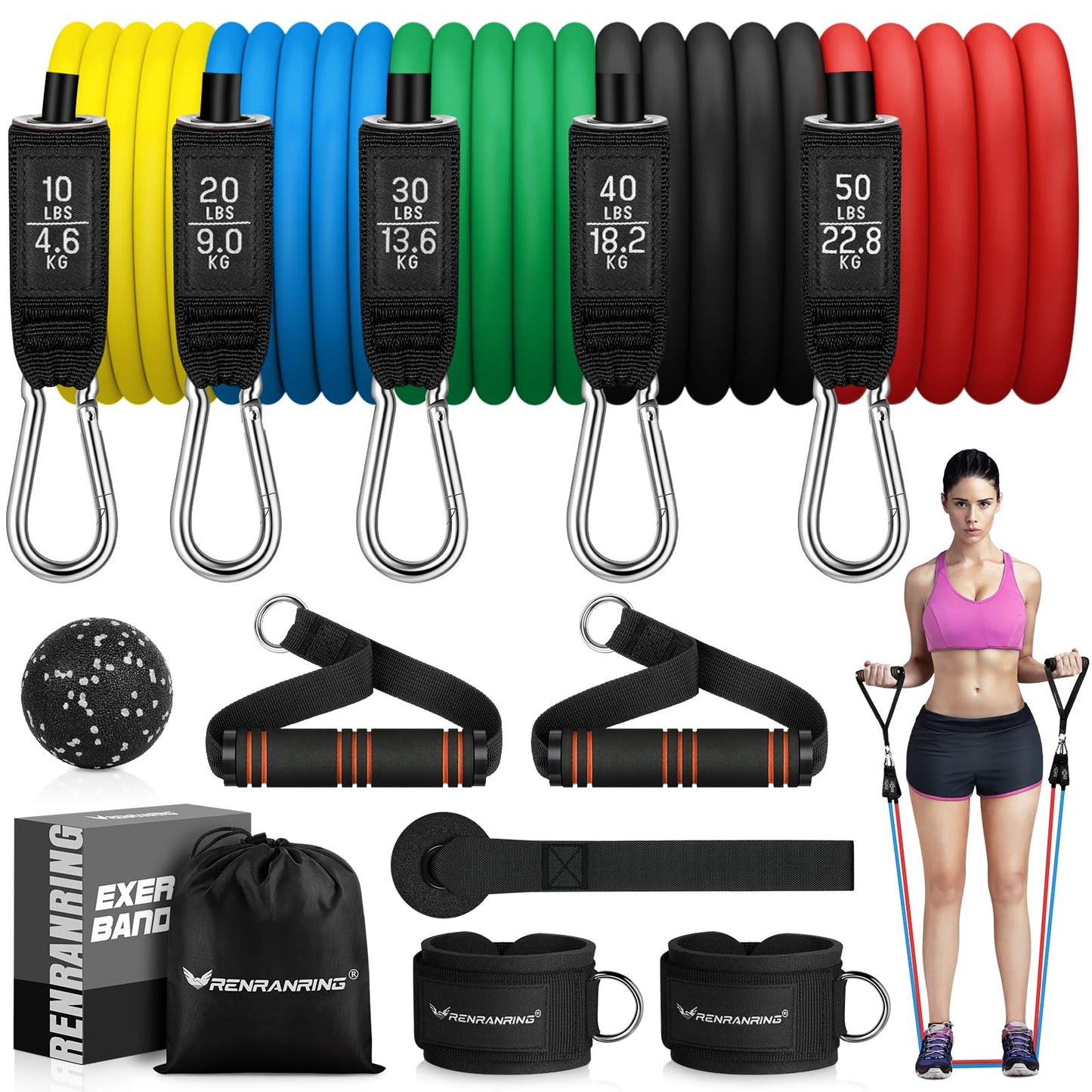 RENRANRING Resistance Bands for Working Out, 150LBS Exercise Bands, Workout Bands, Resistance Bands Set with Handles for Men Women, Legs Ankle Straps