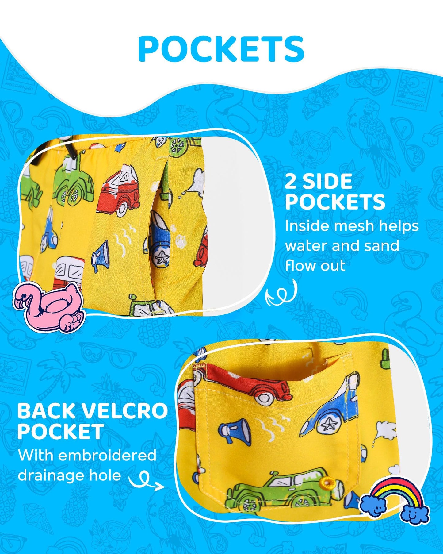 maamgic Boys Swim Trunks with Compression Liner Toddler Boy Swimsuit Quick Dry 4-Way Stretch Swimming Trunks Cartoon car Yellow 7 Years