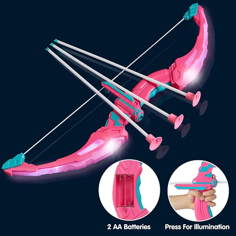 Pink Bow and Arrow Set for Girls with LED Light-Up Bow, 9 Suction Arrows, Target & Case – Indoor/Outdoor Play (Variation: Pink)