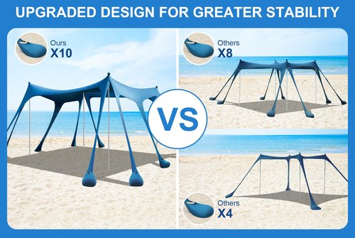 Beach Tent Sun Shelter, Camping Sun Shelter 10 x 10FT with 10 Sandbags, Sand Shovel, Ground Pegs, Stability Poles, Beach Canopy Tent Sun Shade UPF50+ Protection for Camping, Fishing, Backyard