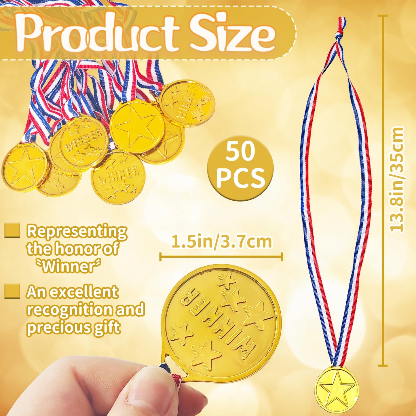 Jizvxe 50 Pieces Plastic Gold Winner Award Medals,Ribbon Necklaces Award Medals,Bulk Gold Competition Medal for Sports,Rewards,Games,Party Favors,Talent Show