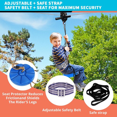 HOKINETY Zip Line Kit for Kids Adults : 100FT Up to 380Lbs - Quick Tighten Zipline for Backyard Outdoor with 100% Rust Proof Removable Trolley Seat Spring Brake