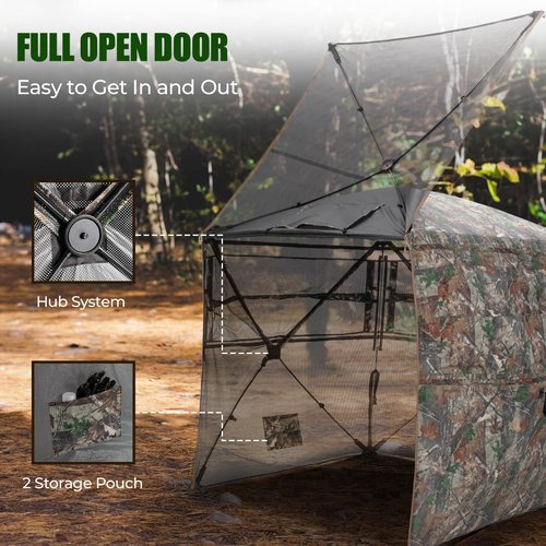 HUNTSEN Hunting Blind 360 Degree See Through Ground Blind 2-3 Person - Portable Pop Up Deer Blind with Full Open Door - Camouflage Ground Blind for Deer & Turkey Hunting