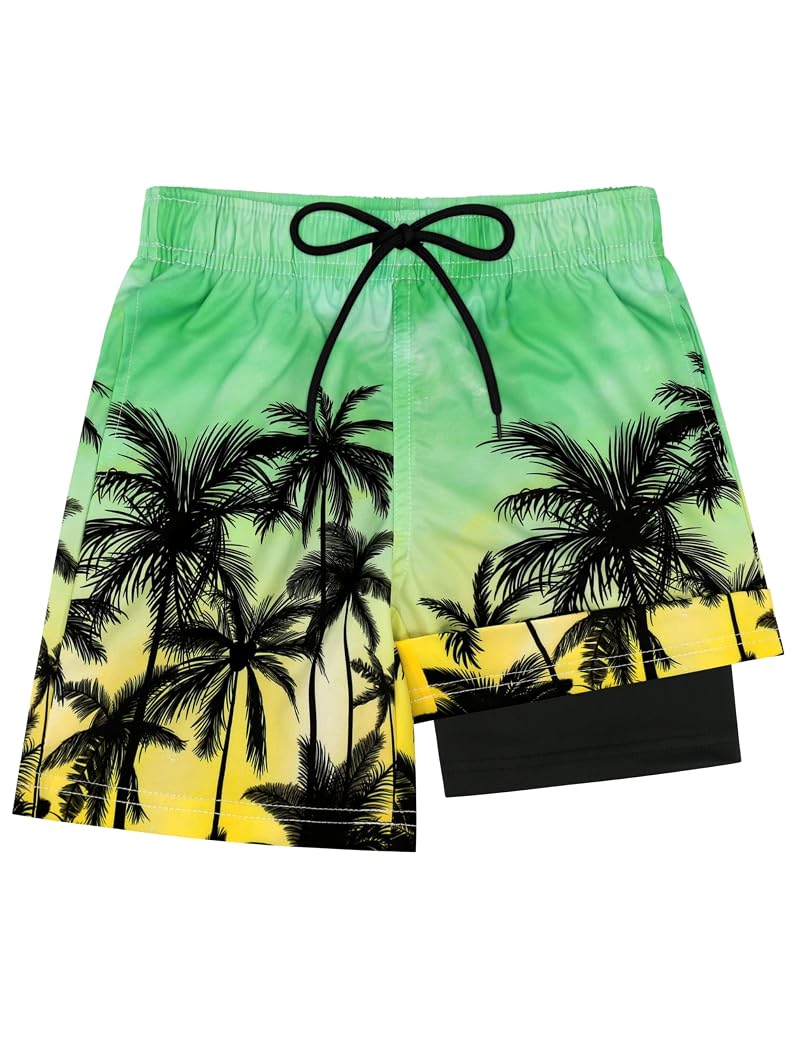 Boys Swim Trunks with Compression Liner - Quick-Dry Kids Board Shorts 8 Years Green Yellow Gradient Coconut Palm
