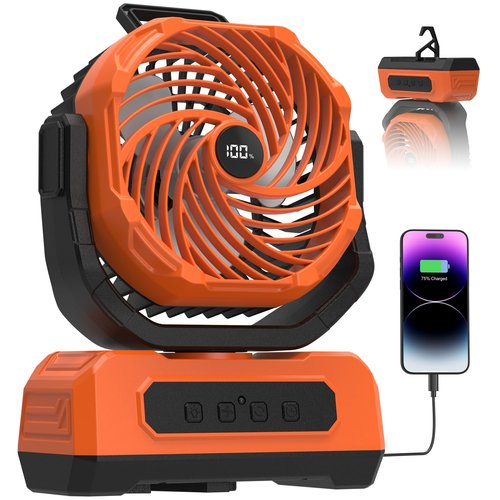 PANERGY Camping Fan Rechargeable,20000mAh Cordless Battery Powered Oscillating Fan with RGB Light & Remote,4 Timer & Hanging Hook for Indoor,Outdoor,Travel,Camping,BBQ,Jobsite,Picnic-Orange