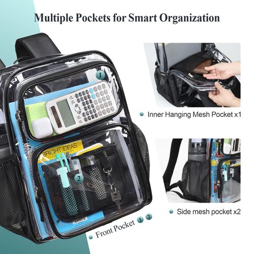 PACKISM Clear Backpack for School - 17 Inch Heavy Duty Clear Bookbag with PU Leather Straps 2 Front Pockets for Boys Girls Students, Transparent PVC See Through Backpacks, Black (Age 12+)