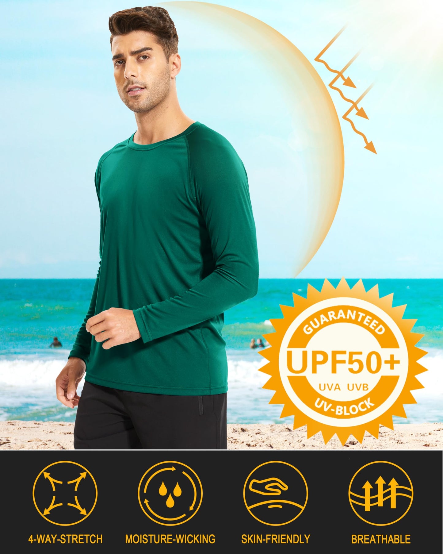 MAGCOMSEN Mens Athletic T-Shirt Long Sleeve Rashguard UV SPF UPF Running Hiking Climbing Outdoor Swim Shirt Emerald Green