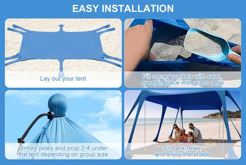Beach Tent Sun Shelter, Camping Sun Shelter 10 x 10FT with 10 Sandbags, Sand Shovel, Ground Pegs, Stability Poles, Beach Canopy Tent Sun Shade UPF50+ Protection for Camping, Fishing, Backyard
