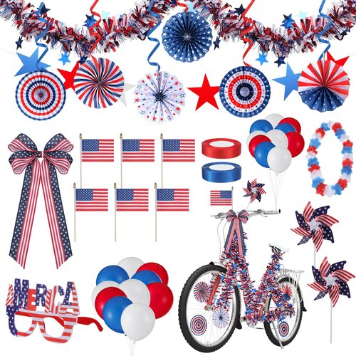 Threehoney 41 Pcs 4th of July Bike Decor Set for Kid Memorial Day Bicycle Patriotic Tinsel Garland Streamer Bow USA Flag Garland Ceil Fan Star Windmill Glasses Balloon for Parade Party Favor