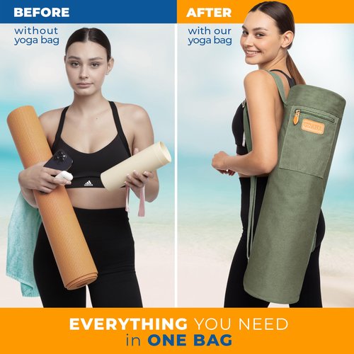 UDANA Yoga Mat Bag, Large, Green – Fits Thick Mats, 3 Storage Pockets, Adjustable Strap