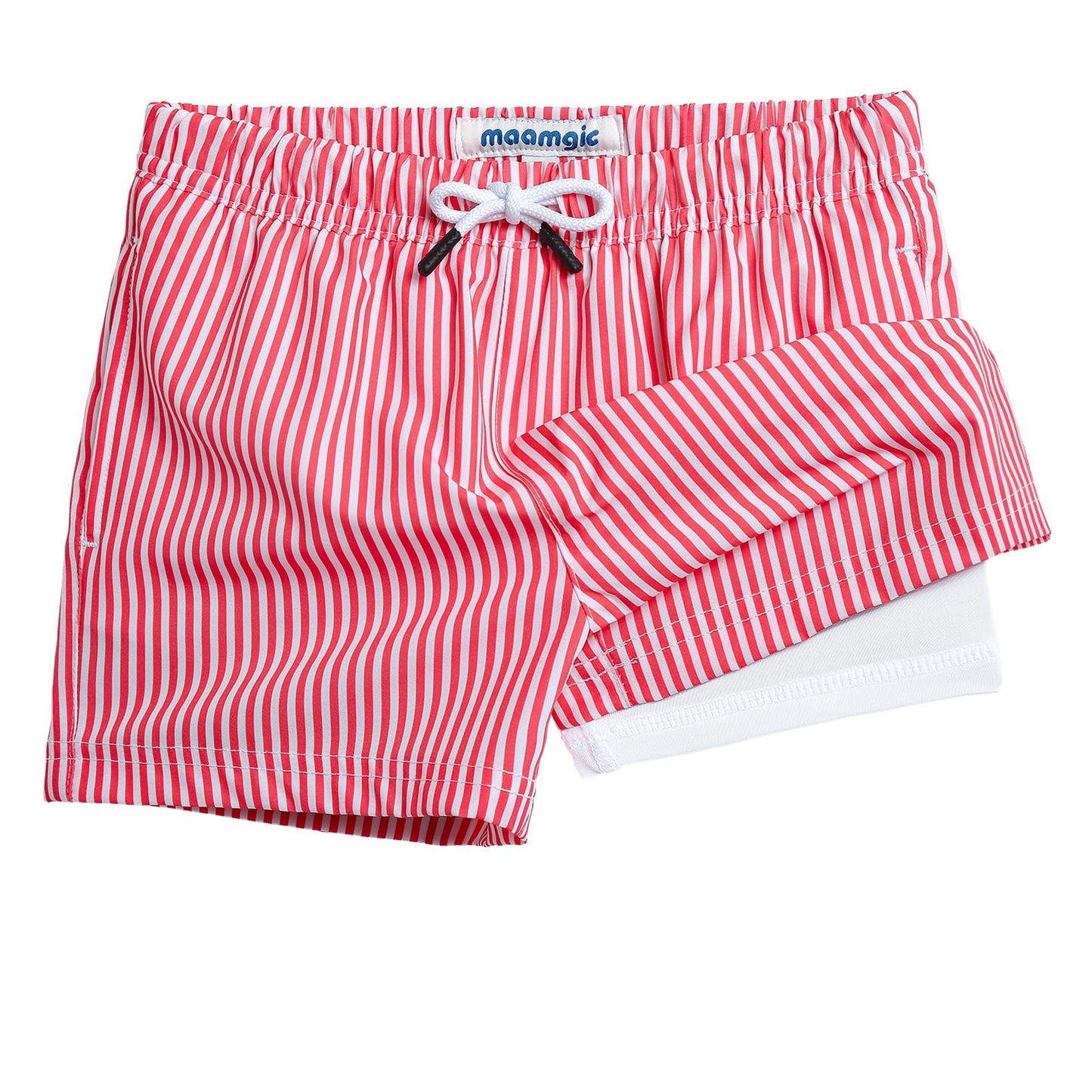 maamgic Boys Swim Trunks with Compression Liner Toddler Stretch Swim Shorts Quick Dry Swimming Trunks Boxer Brief 2 in 1 Beach Shorts Red Stripe 2T